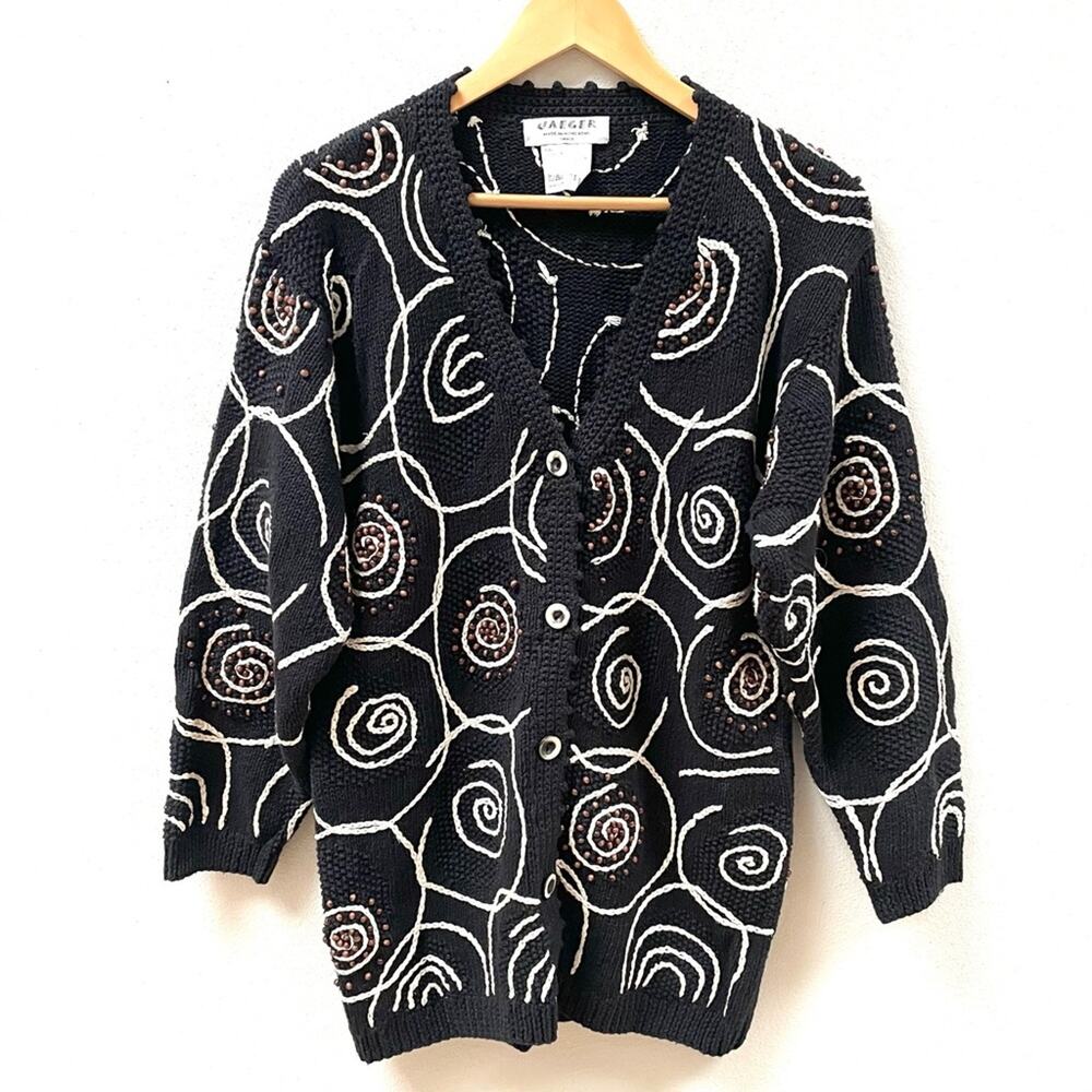 Vintage 80's Jaeger Black Swirl Knit Oversized Cardigan Sweater, Women's Small